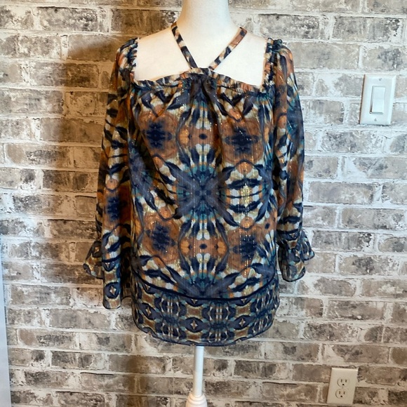 INC International Concepts sz L lined cold shoulder blouse. Blue. Sparkly! - Picture 3 of 16